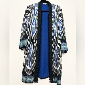 Chicos Size large Geometric Open Front Cardigan Pom Bell Sleeve Fringe boho